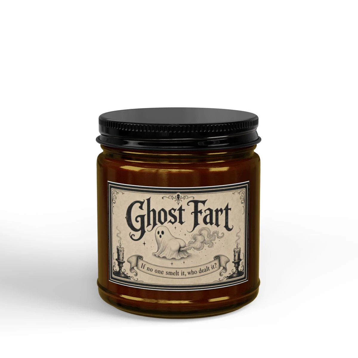 Ghost Fart Unscented Halloween Candle - Funny Spooky Gift - Amber Jar + Black Lid, 4oz, other product view