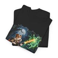 Folded black Wire Fox Terrier Halloween T-Shirt with a close view of the moonlit ghost-rat hunting artwork