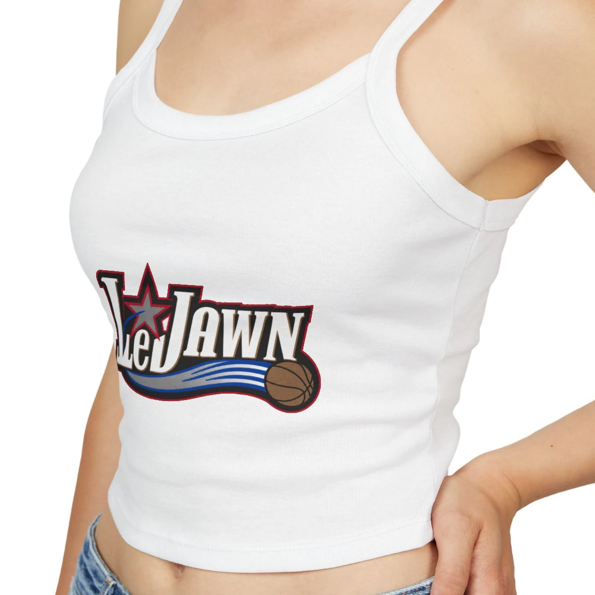 LeJawn Women's Spaghetti Strap Tank Top - Lebron James Inspired 76ers Design - Solid White Blend - 6-size options - other product mockup