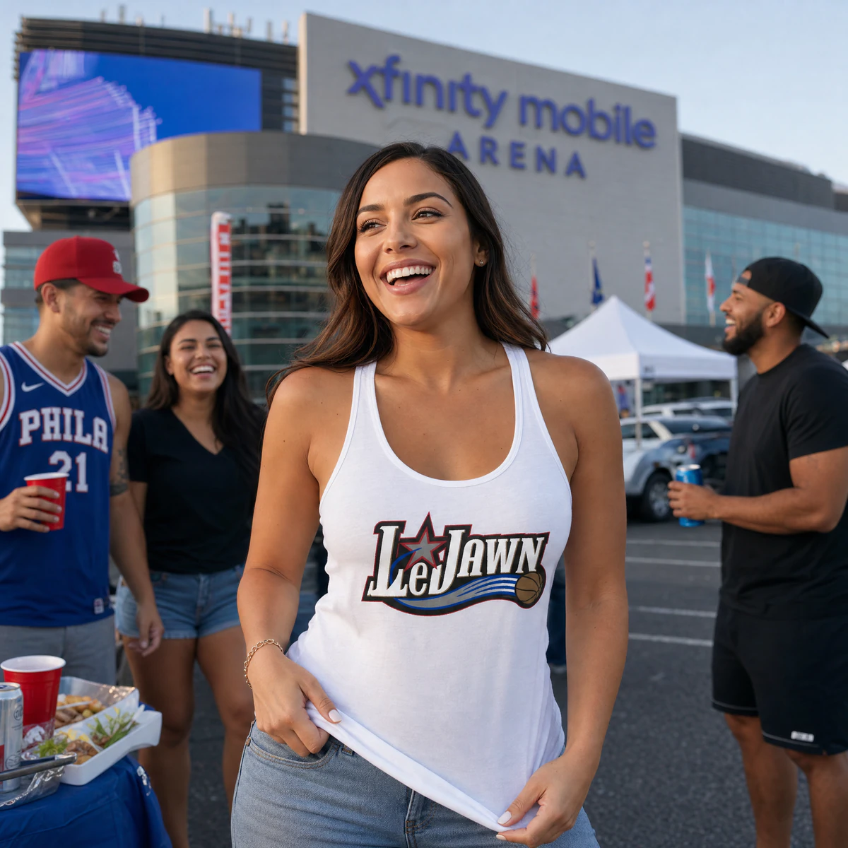 LeJawn Women's Racerback Tank - Lebron James Inspired 76ers Design - Solid White - 5-size options - other product mockup