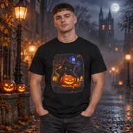 Man wearing a black Black Cat Ninja Carving Pumpkin Halloween T-Shirt on a moonlit Halloween street