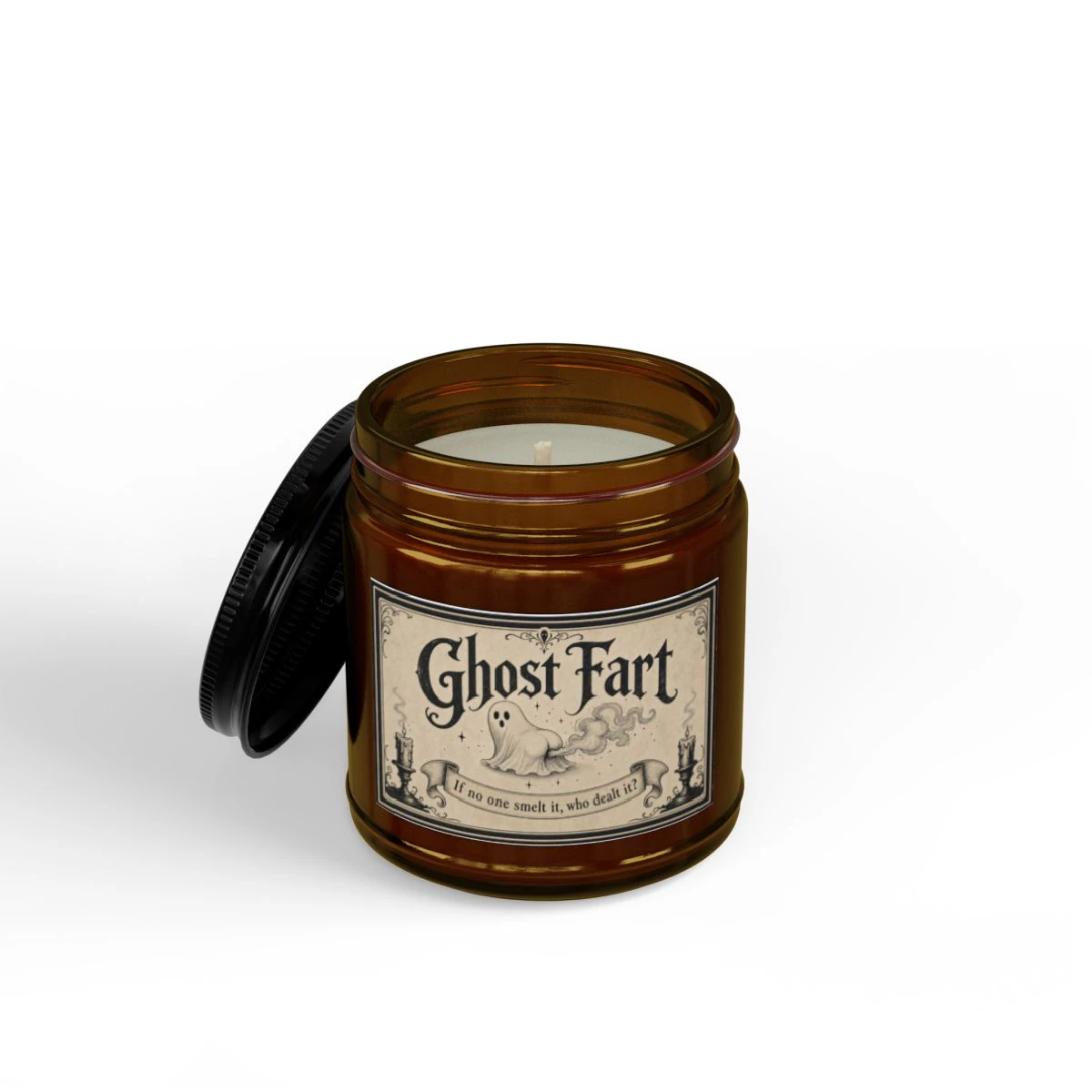 Ghost Fart Unscented Halloween Candle - Funny Spooky Gift - Amber Jar + Black Lid, 4oz, other product view