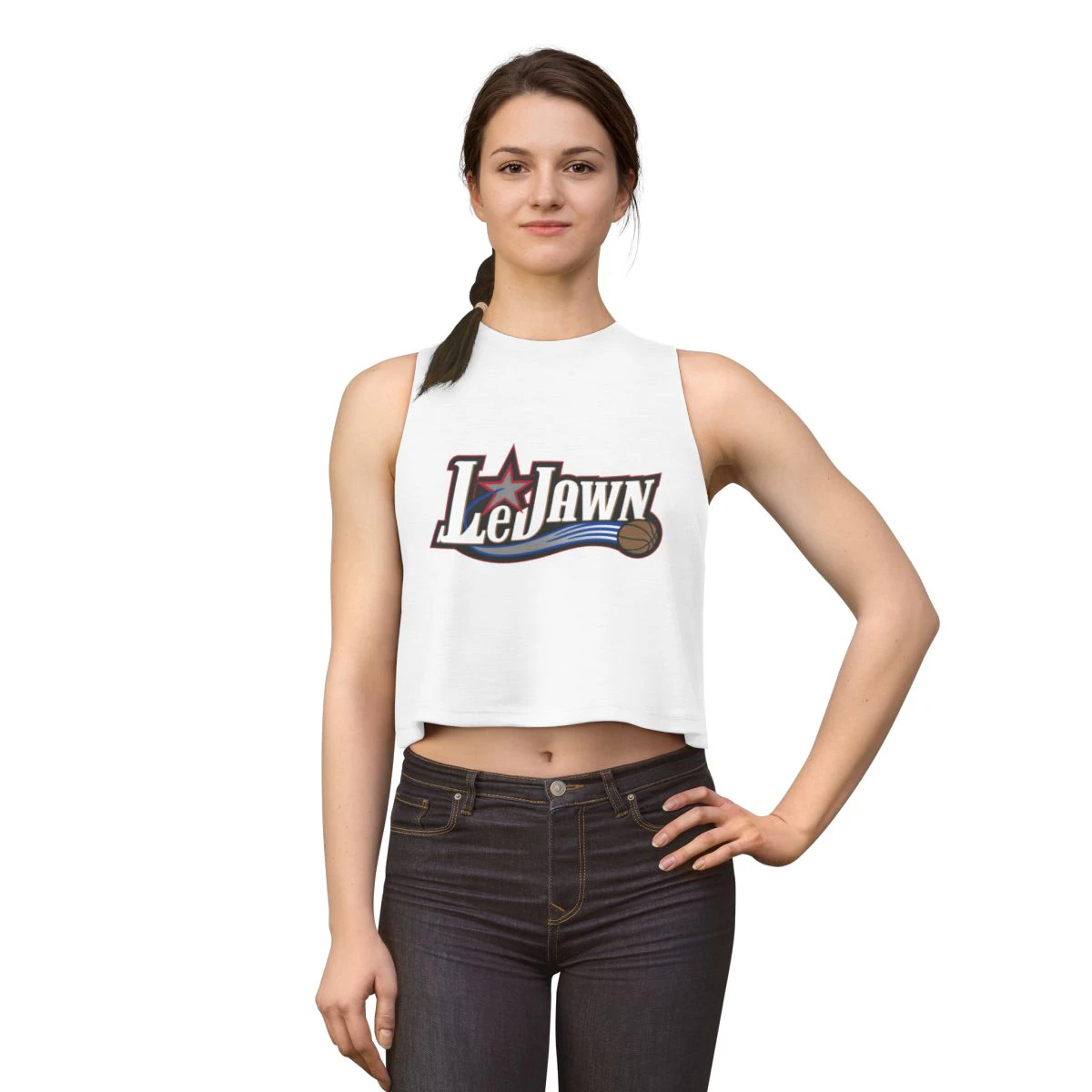LeJawn Women's Crop Top - Lebron James Inspired 76ers Design - Solid White Blend - 5-size options - other product mockup