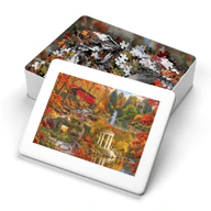 Printed storage tin for the 2,000-piece Gardens & Valleys of Greater Philadelphia Autumn Jigsaw Puzzle, with artwork on the lid