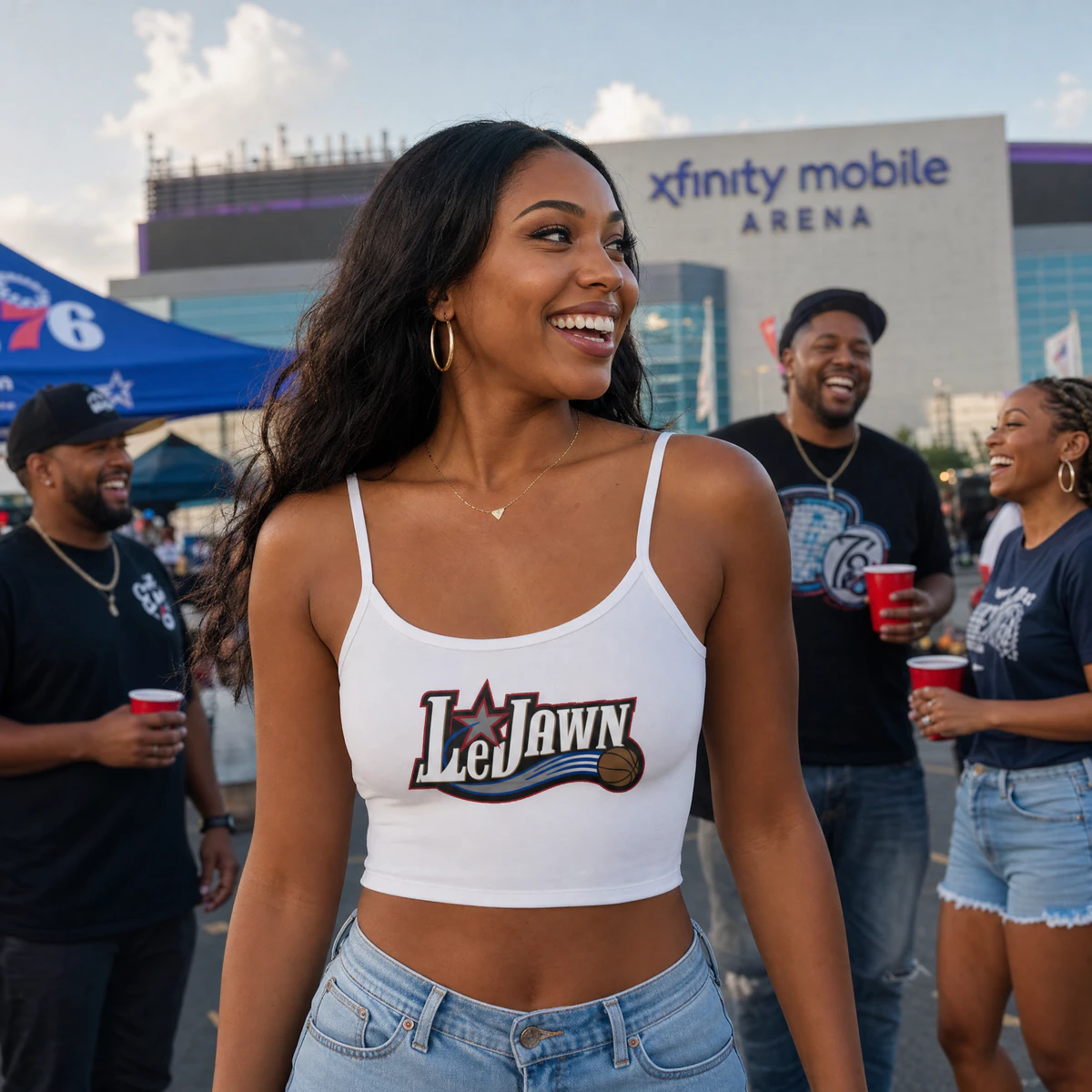 LeJawn Women's Spaghetti Strap Tank Top - Lebron James Inspired 76ers Design - Solid White Blend - 6-size options - other product mockup
