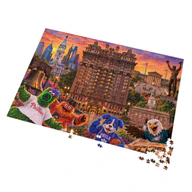 Angled view of the 2,000-piece Bellevue Hotel Philadelphia jigsaw puzzle with loose pieces