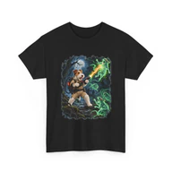 Front of the black Wire Fox Terrier Halloween T-Shirt showing a terrier chasing glowing green ghost rats