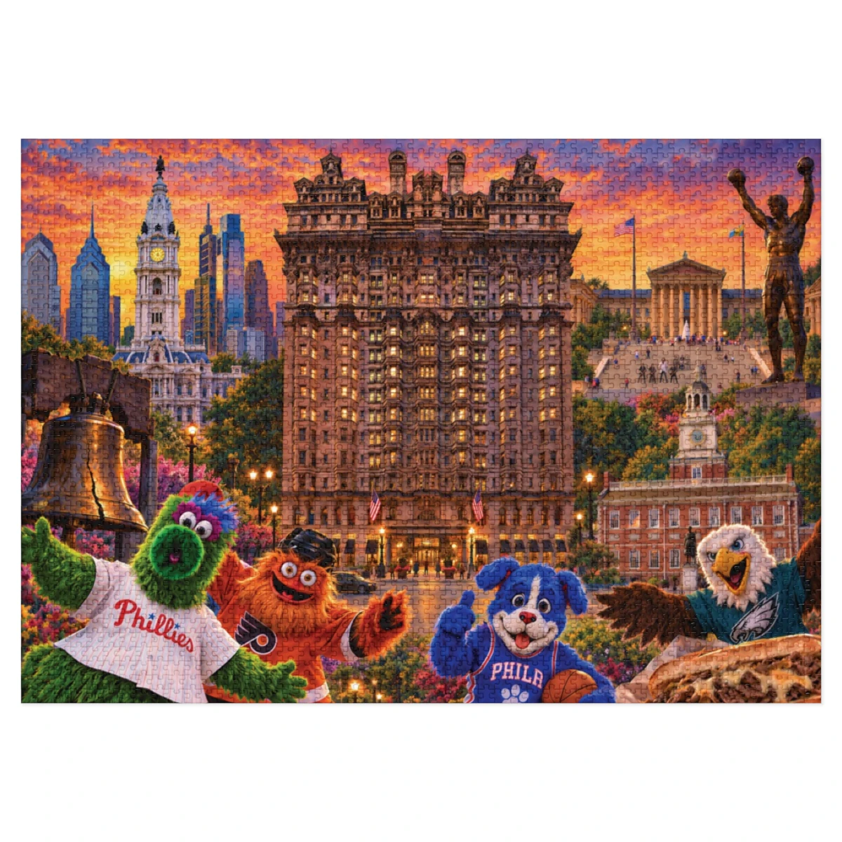Assembled 2,000-piece Bellevue Hotel Philadelphia jigsaw puzzle with skyline, landmarks and sports artwork
