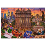 Assembled 2,000-piece Bellevue Hotel Philadelphia jigsaw puzzle with skyline, landmarks and sports artwork