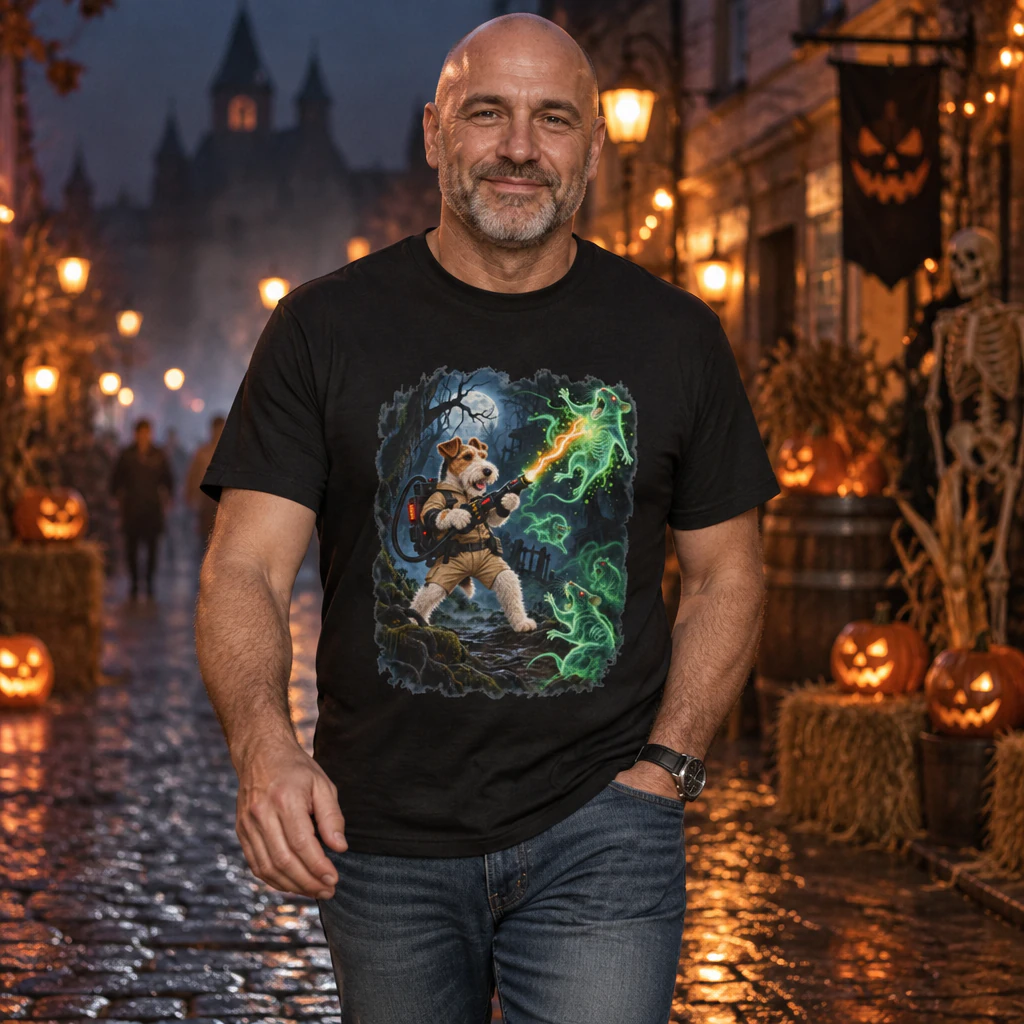 Man wearing a black Wire Fox Terrier Halloween Ghost Rat Hunter T-Shirt on a lantern-lit Halloween street