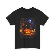 Front of the black Halloween T-shirt showing a black cat ninja carving a glowing jack-o-lantern in a haunted house