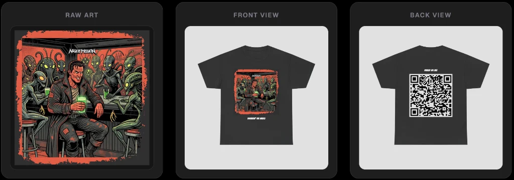 Night Mission — Alien Bar Scene — Smizzy design preview showing raw art, front view, and back view