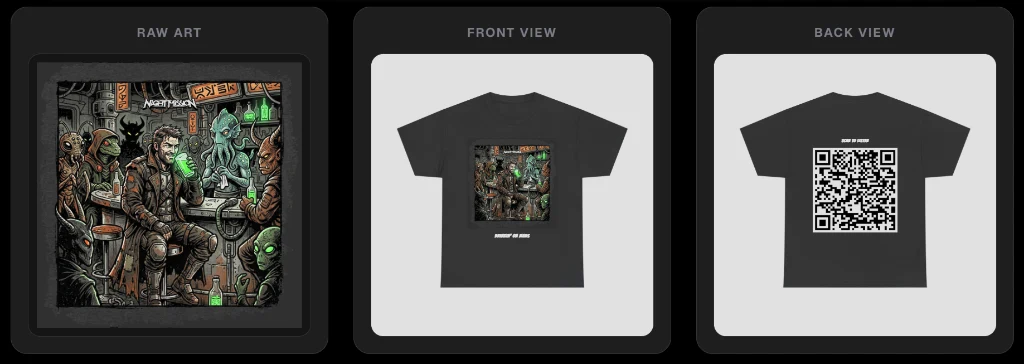 Drinkin' on Mars — Cantina Edition — Smizzy design preview showing raw art, front view, and back view